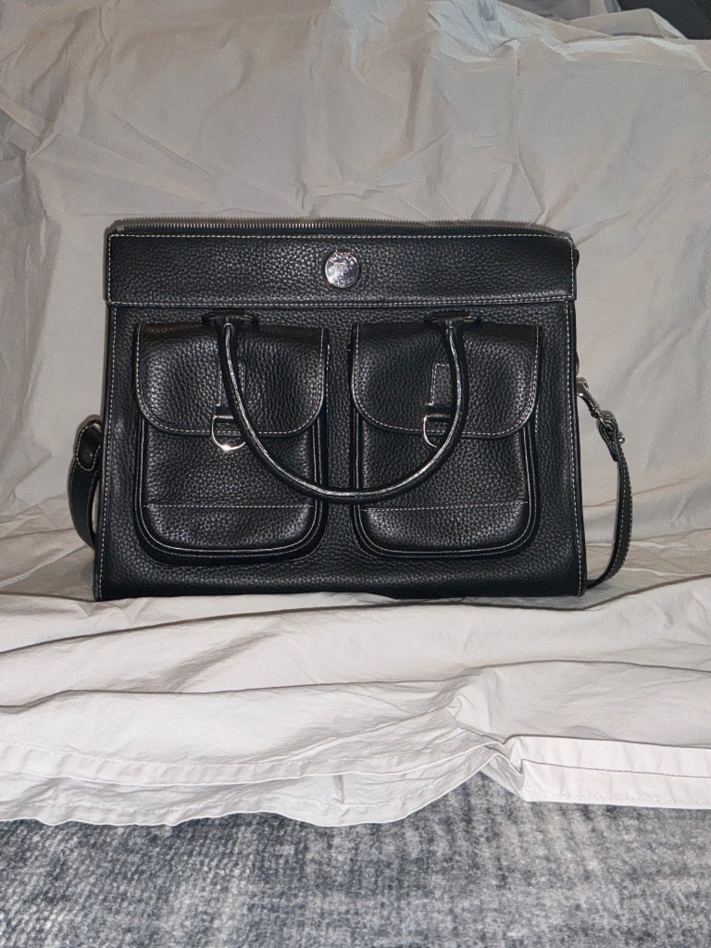 Dooney & Bourke Black Pebbled Leather Double Pocket Satchel Shoulder Bag